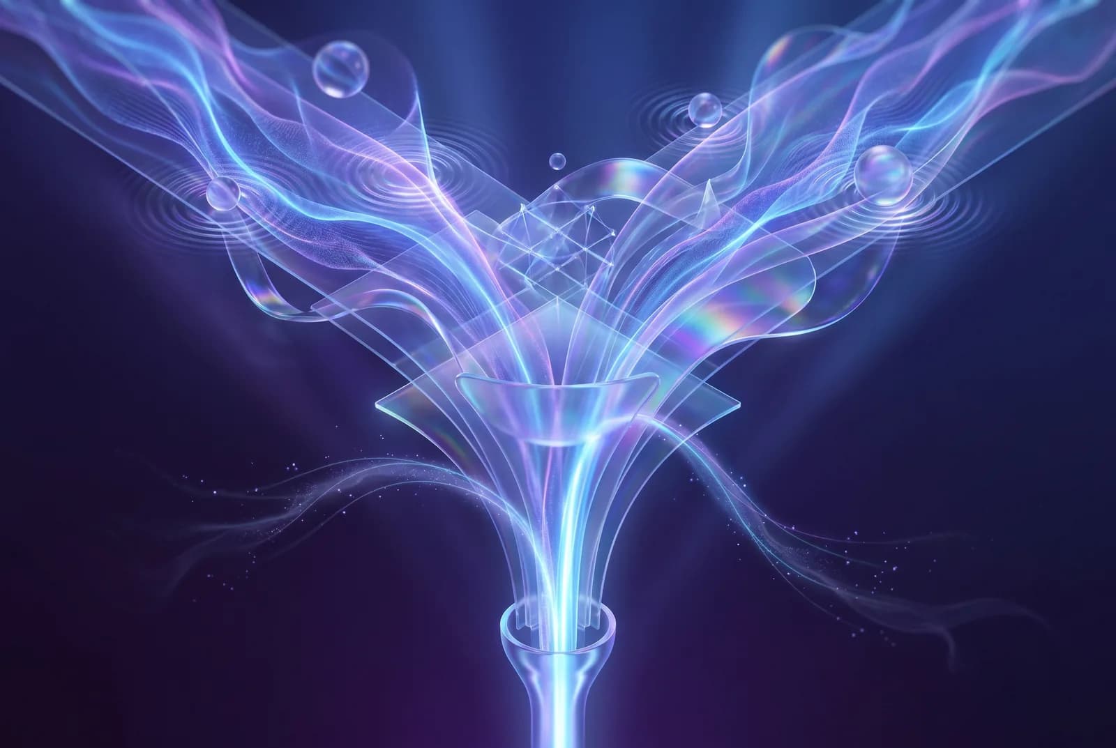 An abstract glass funnel: iridescent streams of light fan out wide and concentrate into a single focused beam, with a few streams dissipating before they reach the focus.