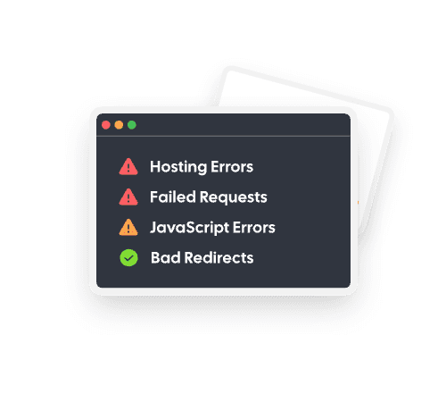 Browser window listing hosting errors, failed requests, JavaScript errors, and bad redirects.